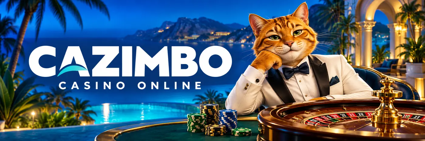 Cazimbo Casino gatto arancione in smoking accanto a roulette e fiches su sfondo blu.