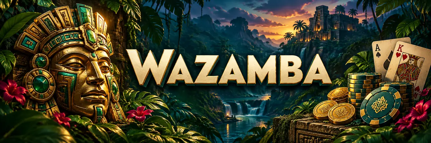Wazamba Casino con maschera dorata, fiches e carte da gioco su uno sfondo tropicale.